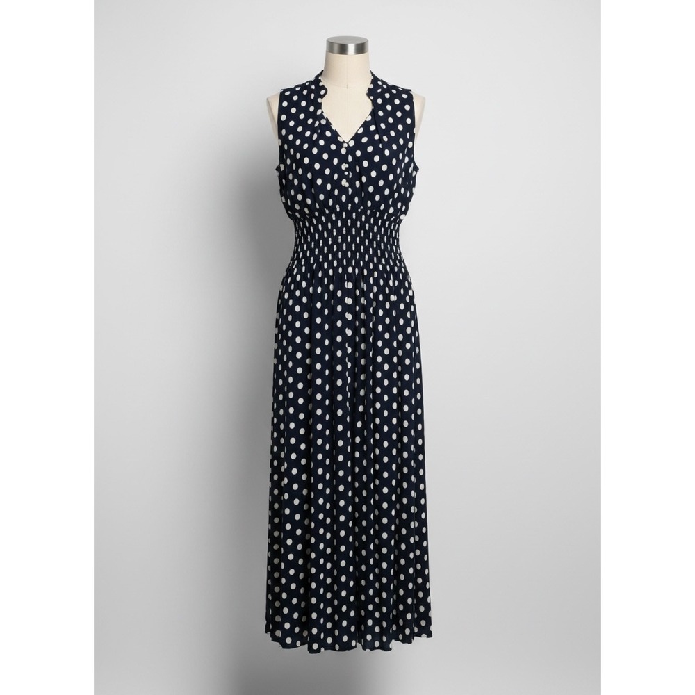 Seven Islands Womens Navy Blue White Polka Dot Smocked Waist Maxi Dress Size 2X